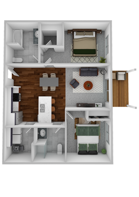 Floor plan for 2 beds, 2 baths, 897 sqft
